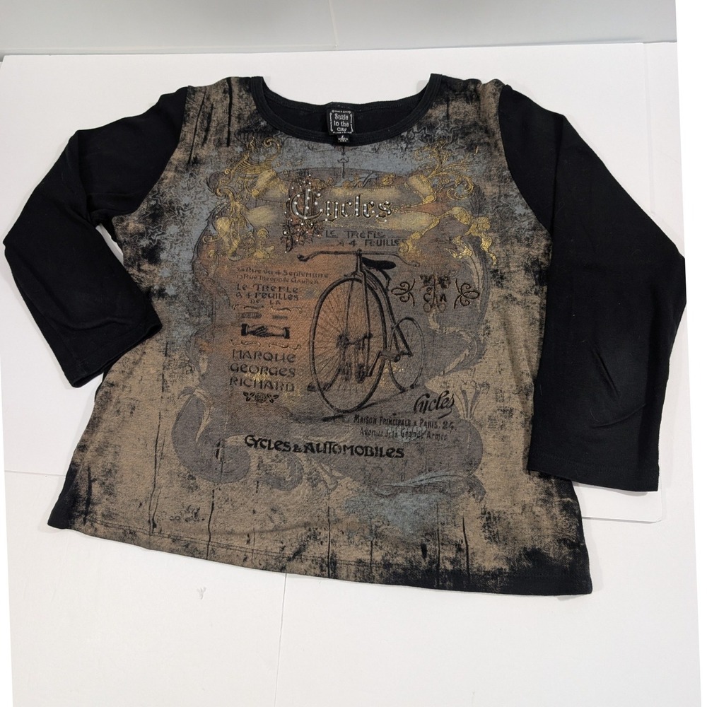 Suzie in the City Y2K Vintage French Bicycle Graphic Top Rhinestone Black L
